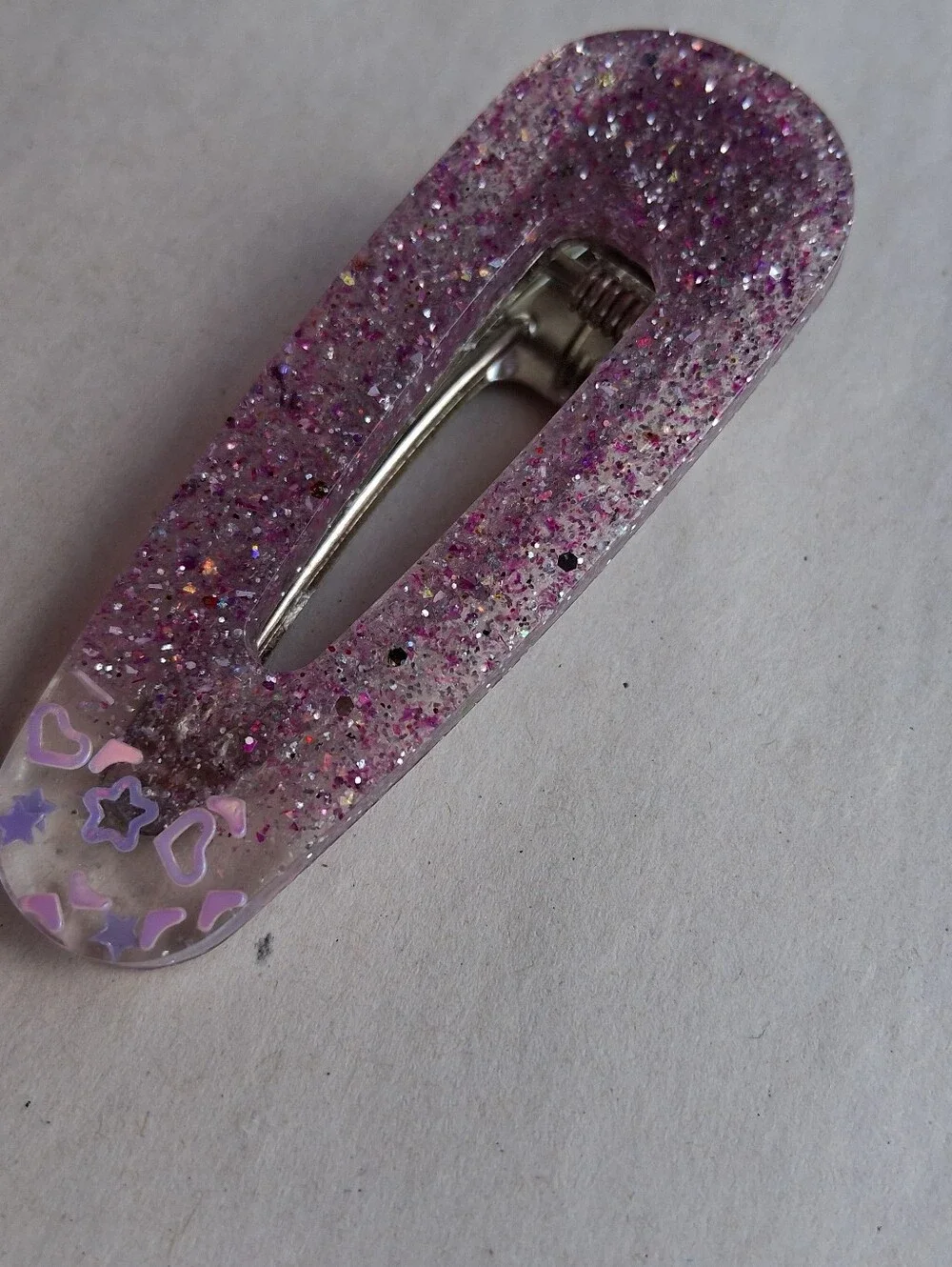 5/$25 Hand Crafted Pink Glitter Resin Hair Clip with Heart Accents